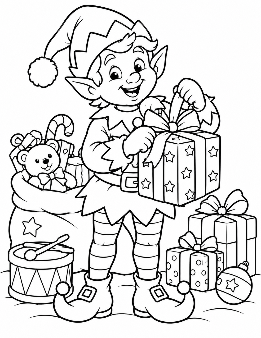 Coloriage lutin de Noël tenant un cadeau