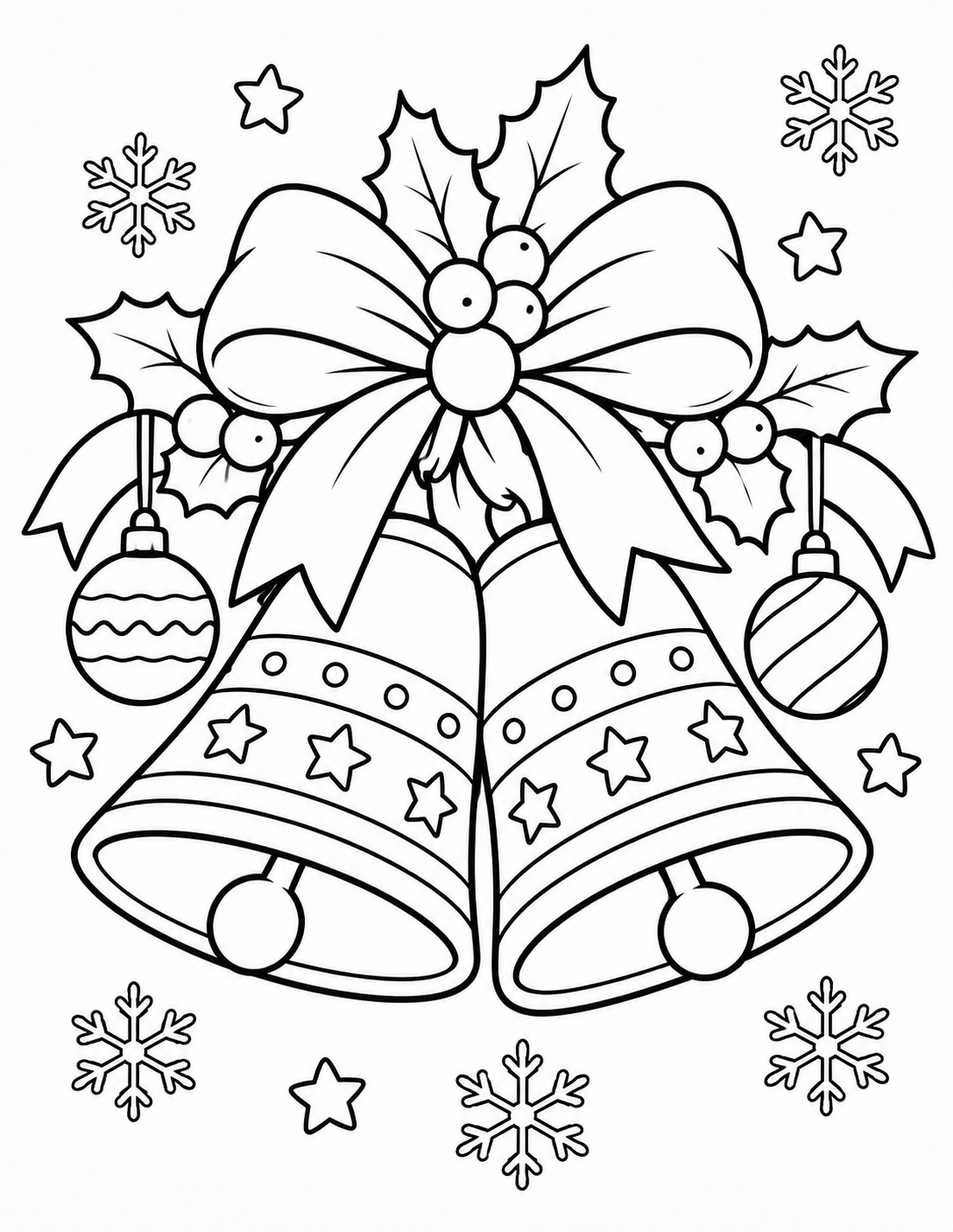 Coloriage deux cloches de Noël avec ruban et houx