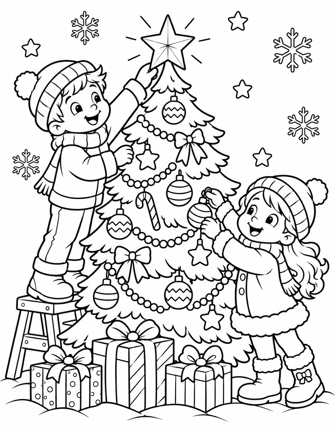 Coloriage enfants décorant un grand sapin de Noël