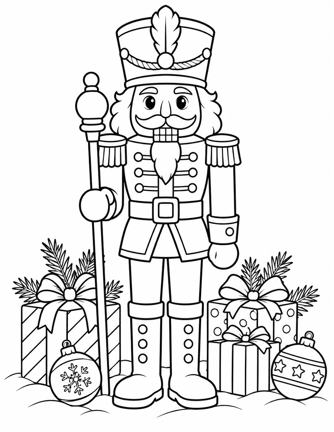 Coloriage casse-noisette entouré de cadeaux de Noël