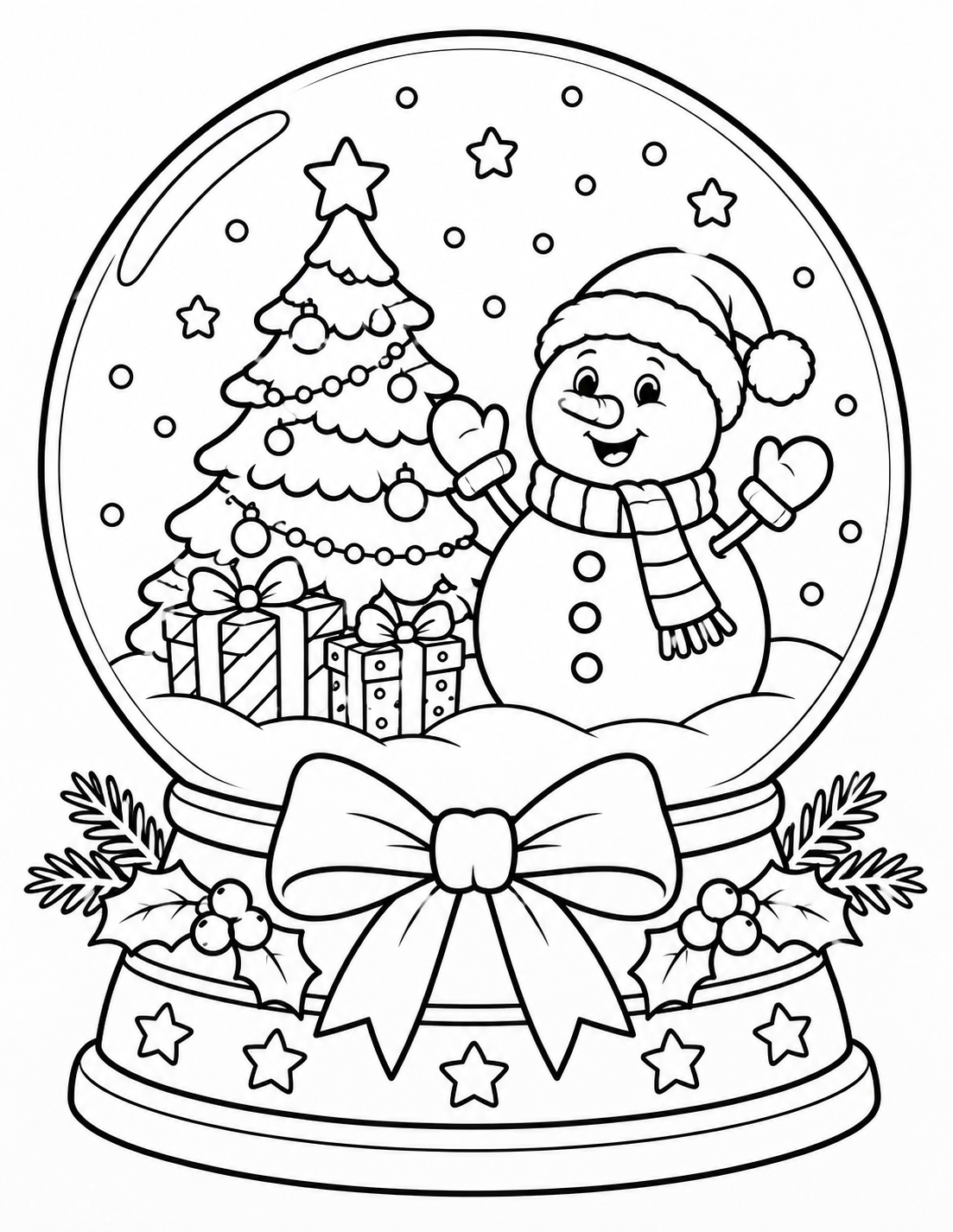 Coloriage boule à neige avec bonhomme de neige et sapin de Noël