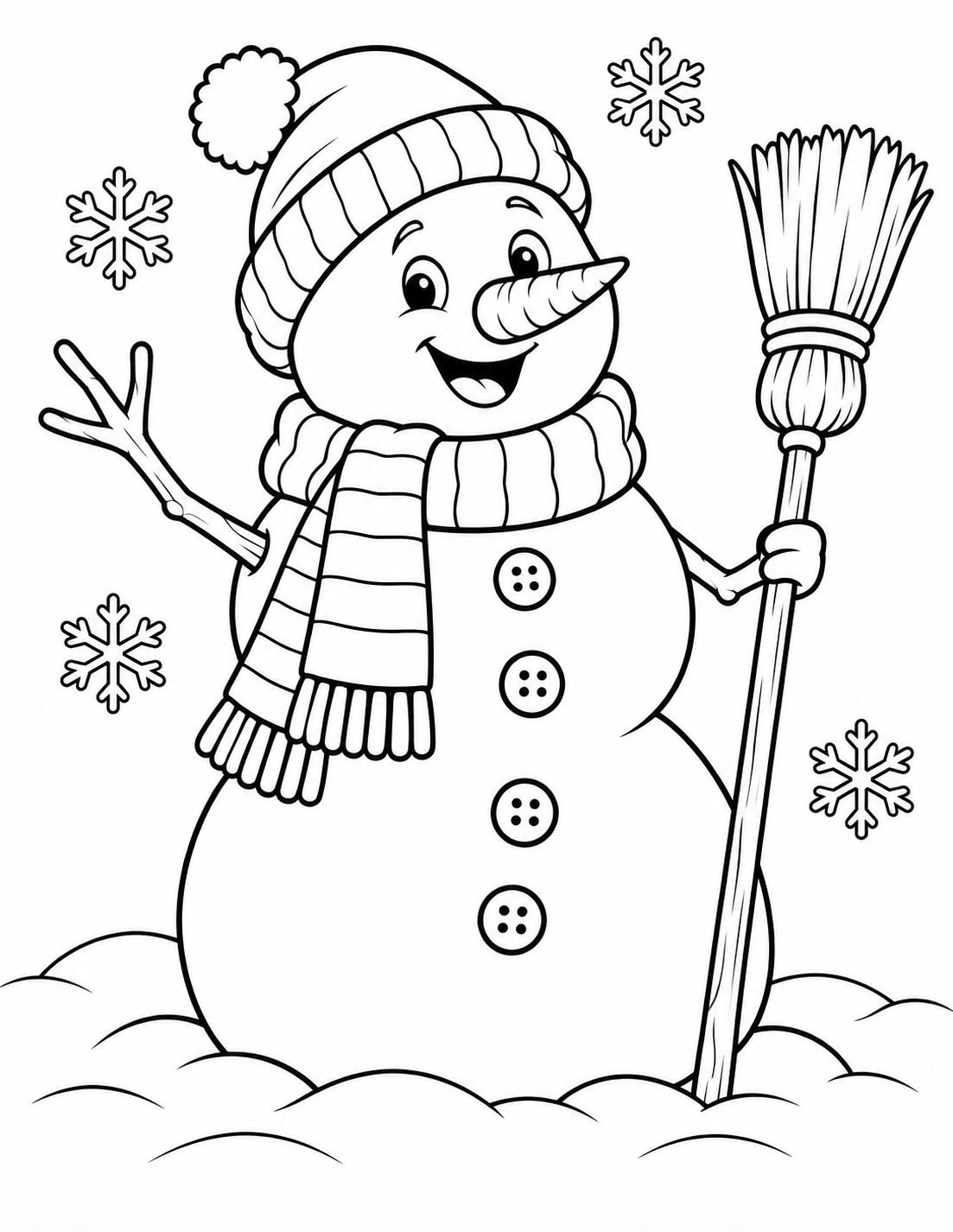 Coloriage bonhomme de neige avec bonnet, écharpe et balai