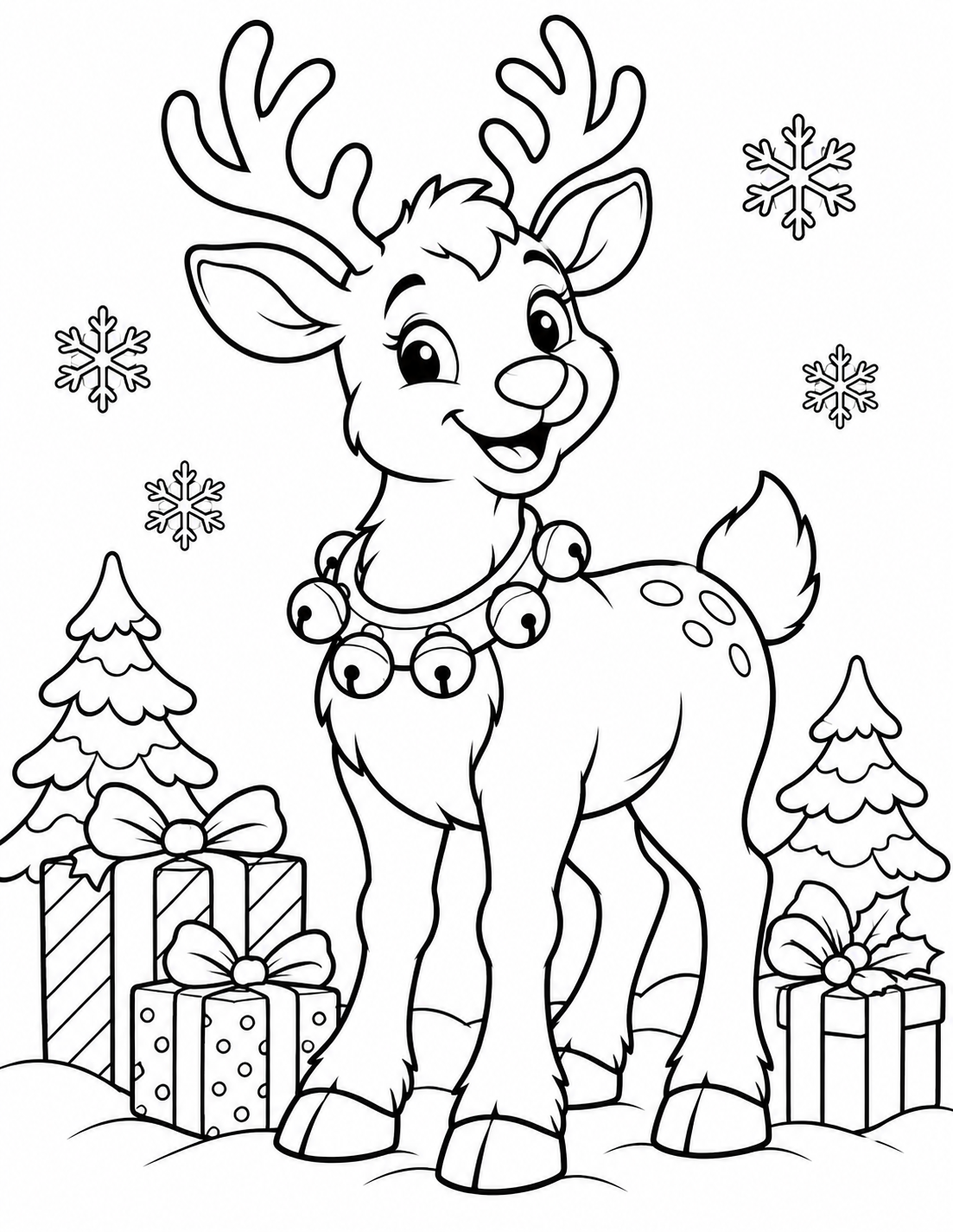 Coloriage renne de Noël avec grelots et cadeaux