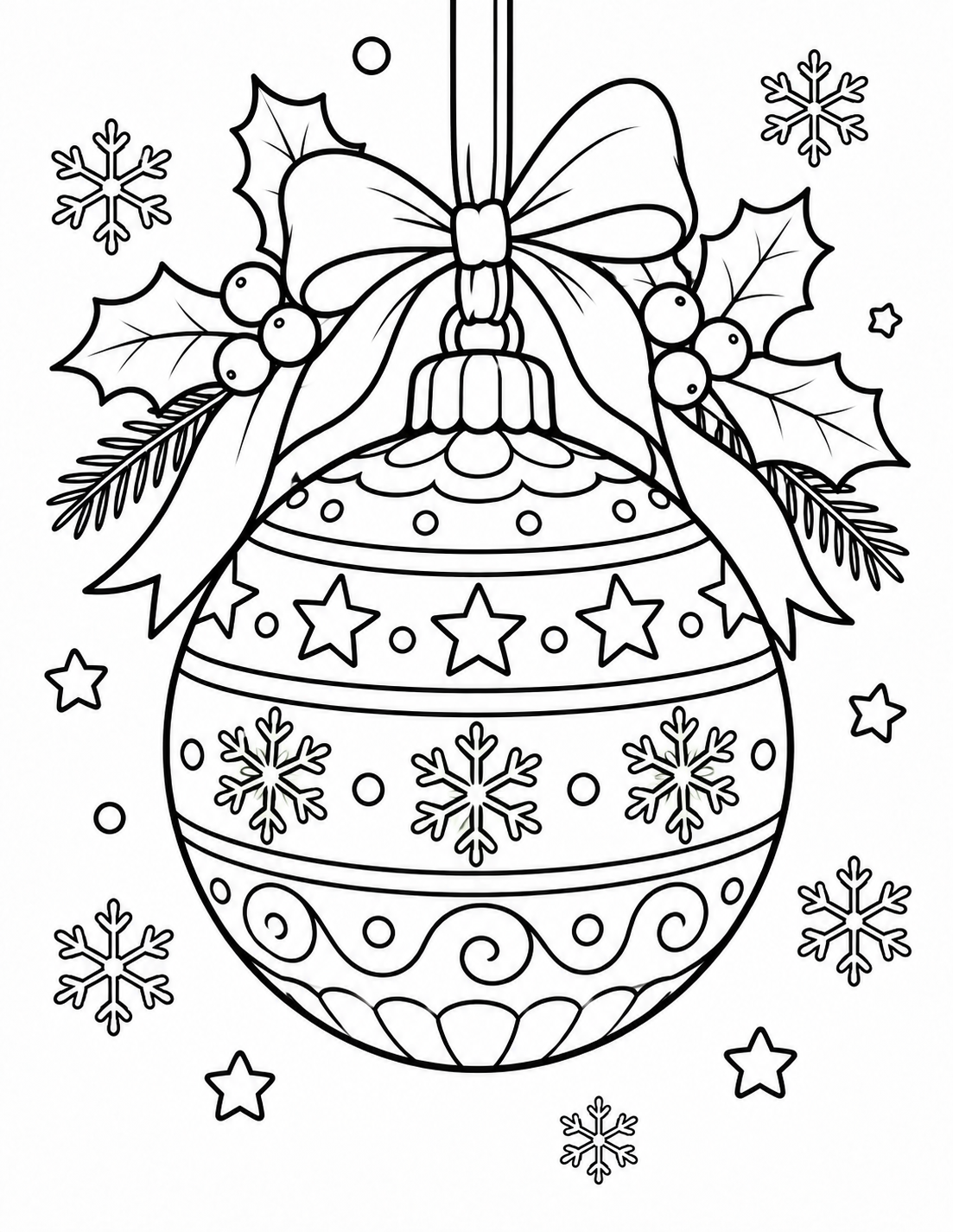 Coloriage boule de Noël décorée avec ruban et flocons