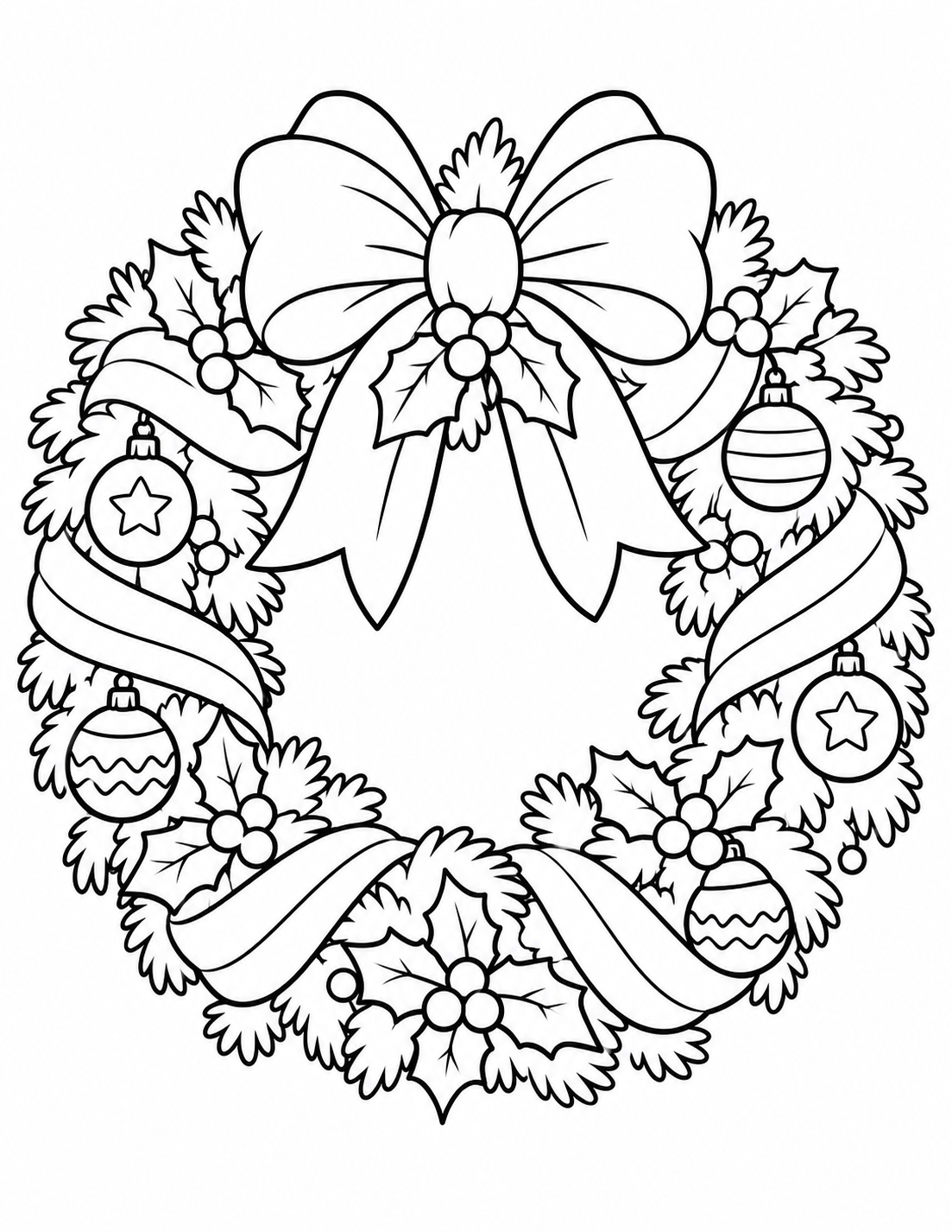 Coloriage couronne de Noël avec ruban et boules