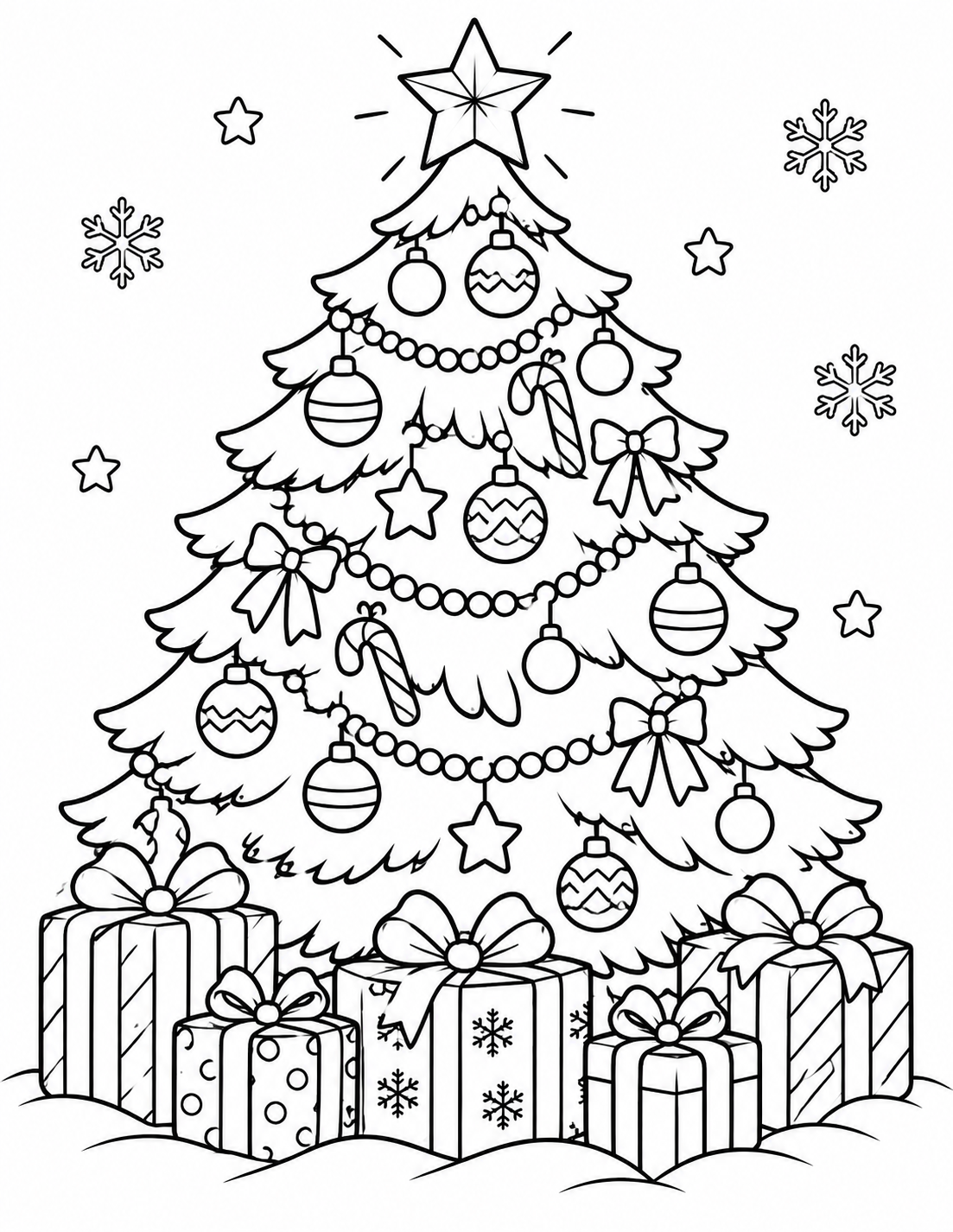 Coloriage sapin de Noël décoré avec cadeaux