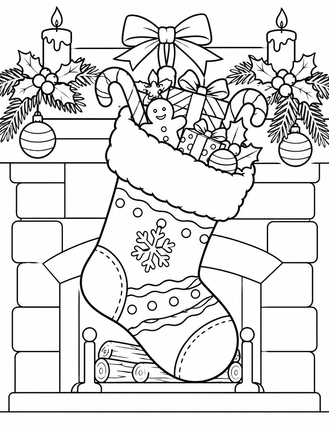 Coloriage chaussette de Noël remplie de cadeaux devant une cheminée