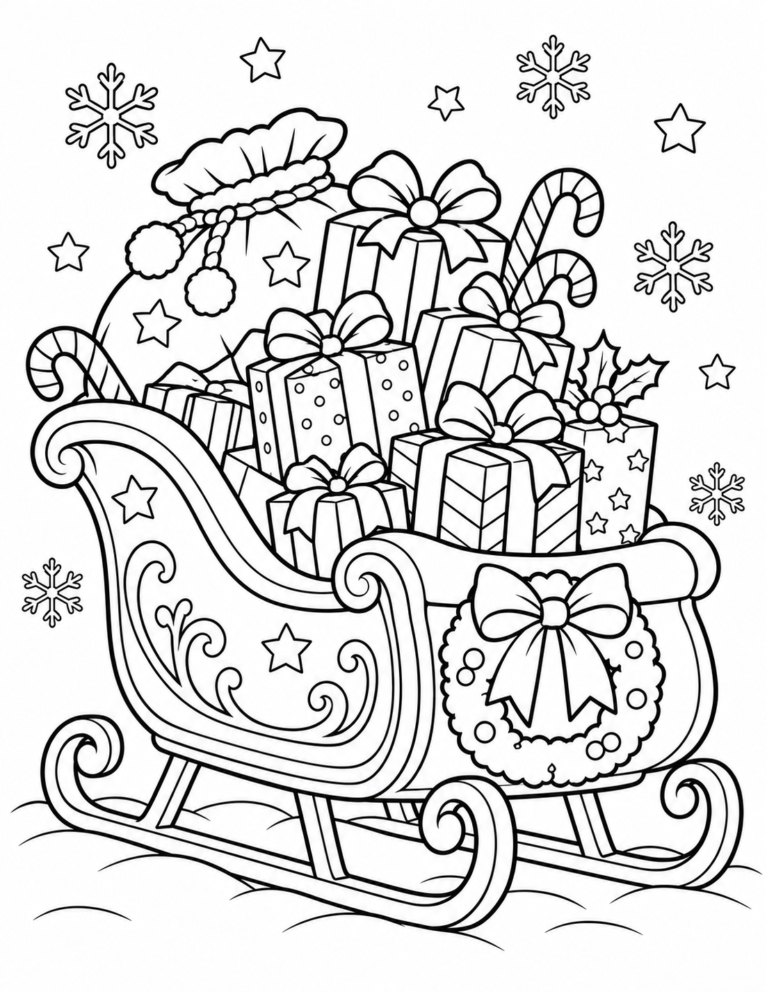 Coloriage traîneau de Noël rempli de cadeaux