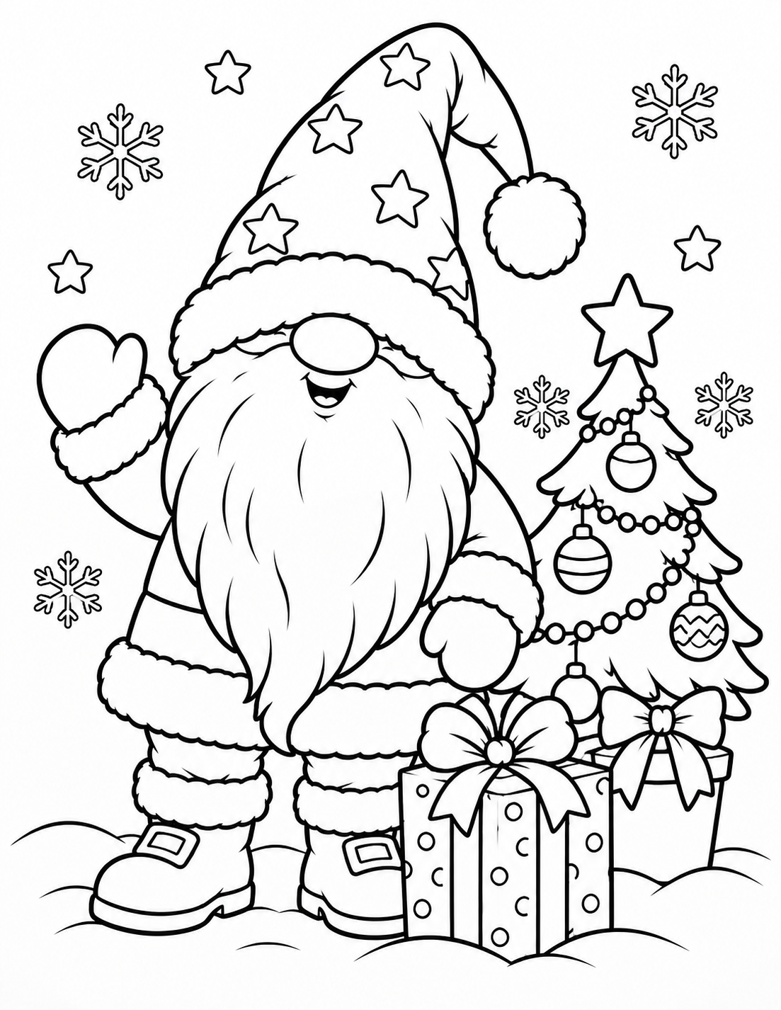 Coloriage petit Père Noël avec sapin et cadeaux
