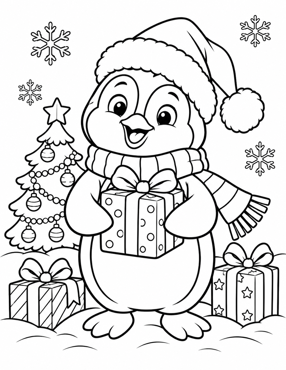Coloriage pingouin de Noël tenant un cadeau