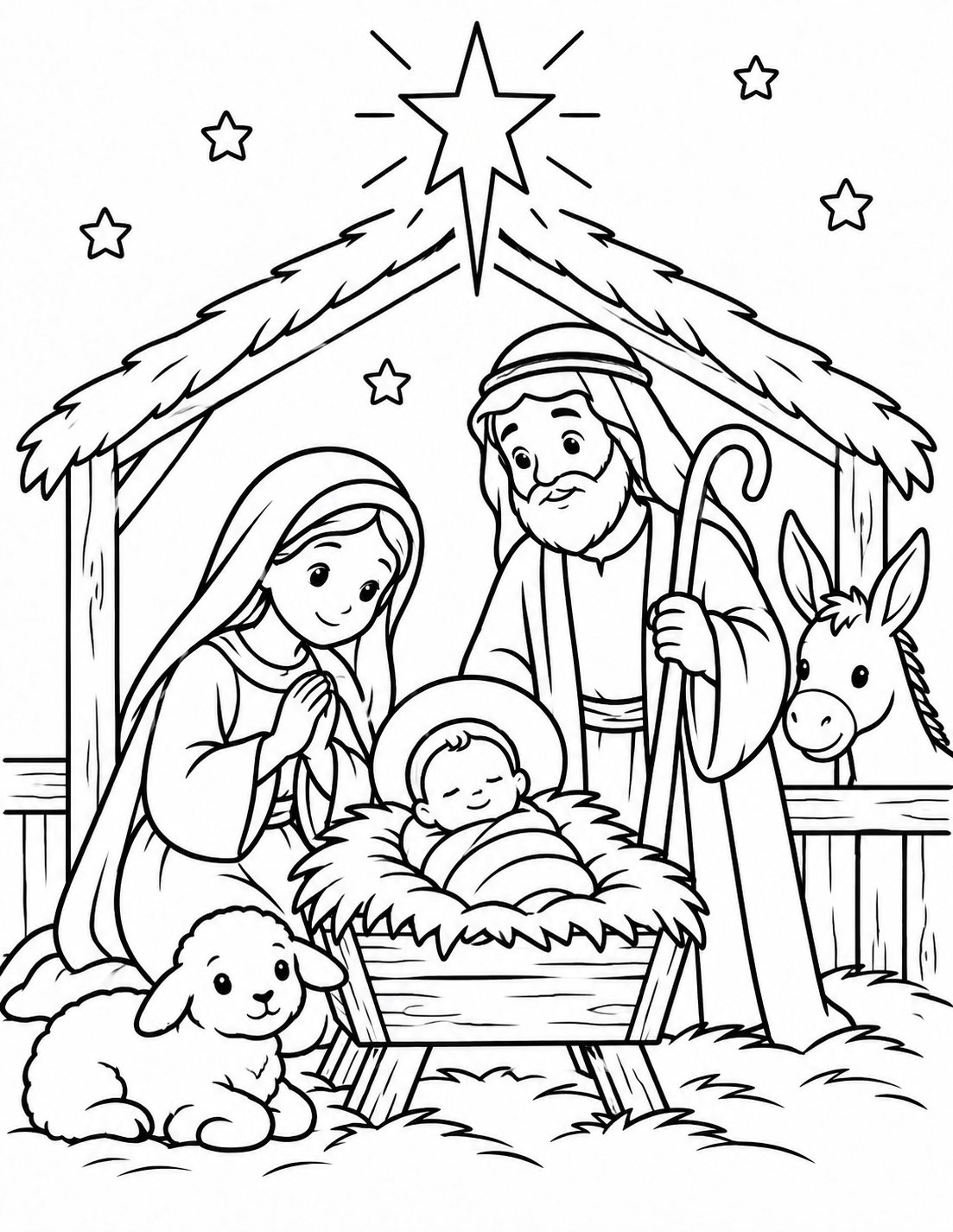 Coloriage crèche de Noël avec Marie Joseph et enfant Jésus