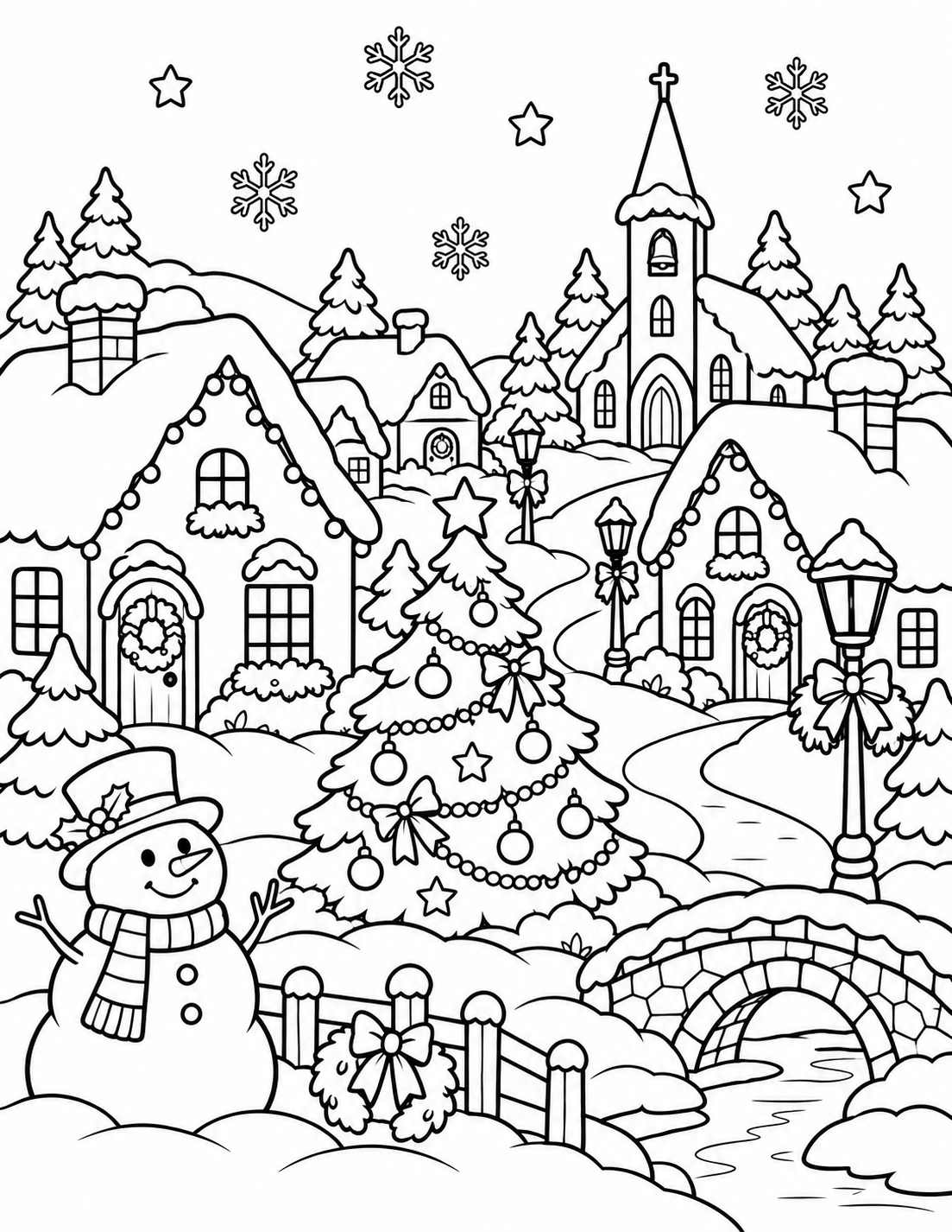 Coloriage village de Noël enneigé avec sapin et bonhomme de neige
