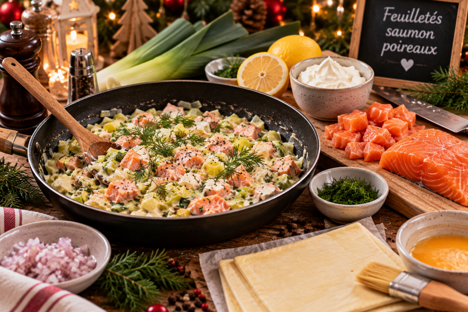 Préparation de la garniture saumon et poireaux pour des feuilletés de Noël