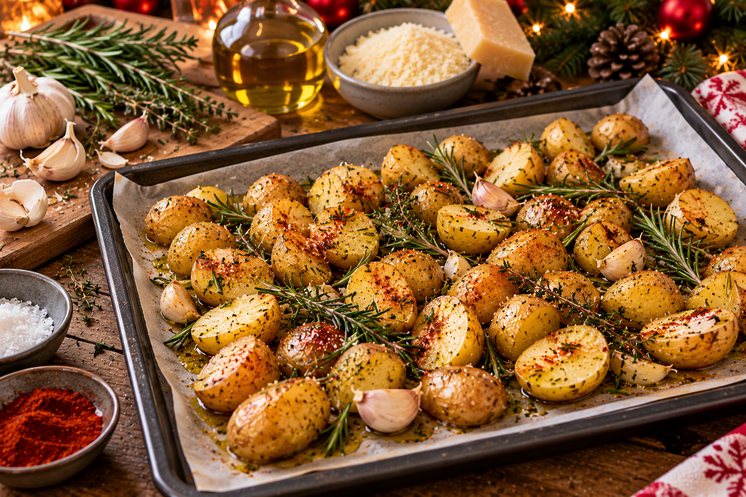 Préparation des pommes de terre grenaille à l'ail et au romarin avant cuisson