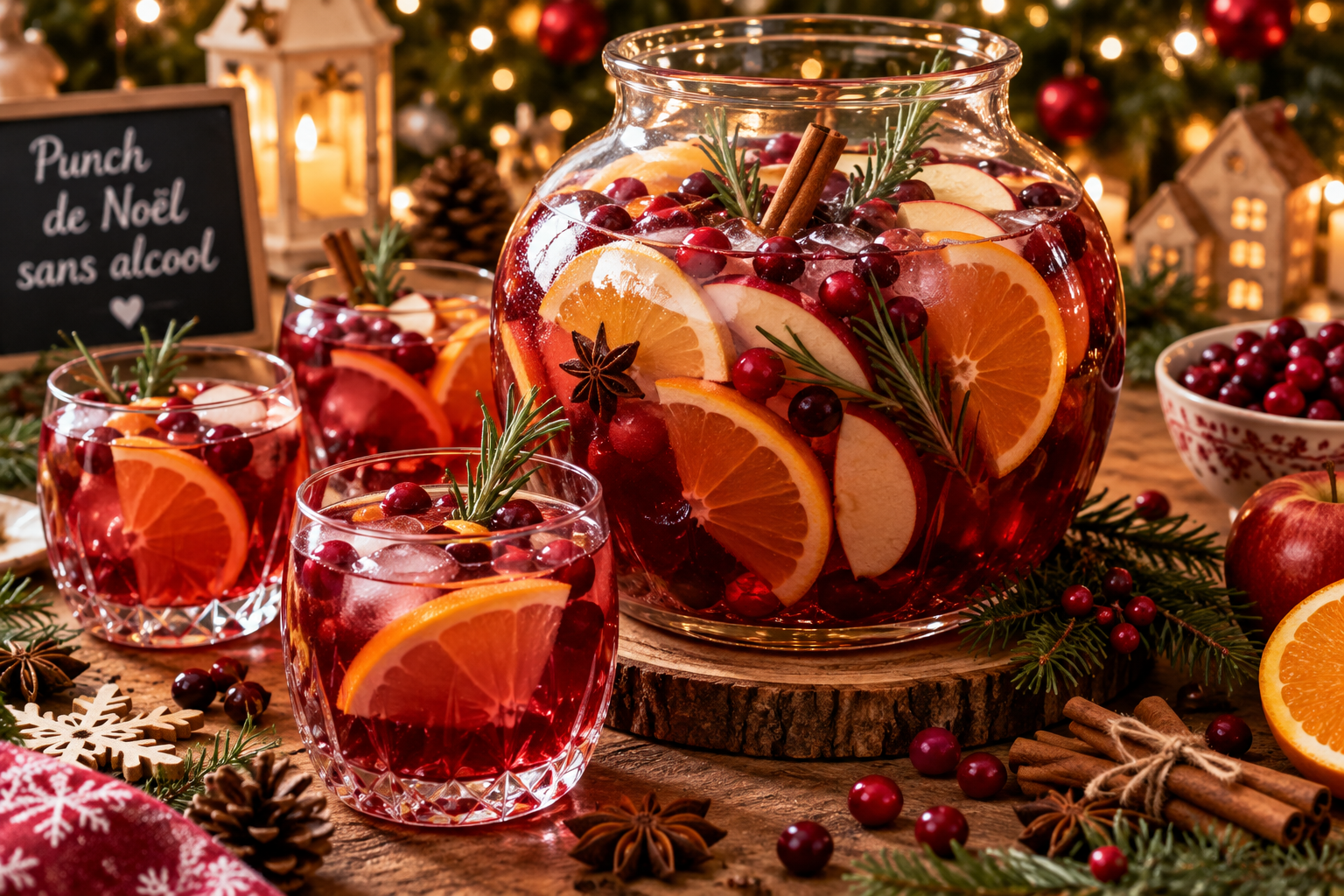 Punch de Noël sans alcool aux fruits rouges, pomme et agrumes