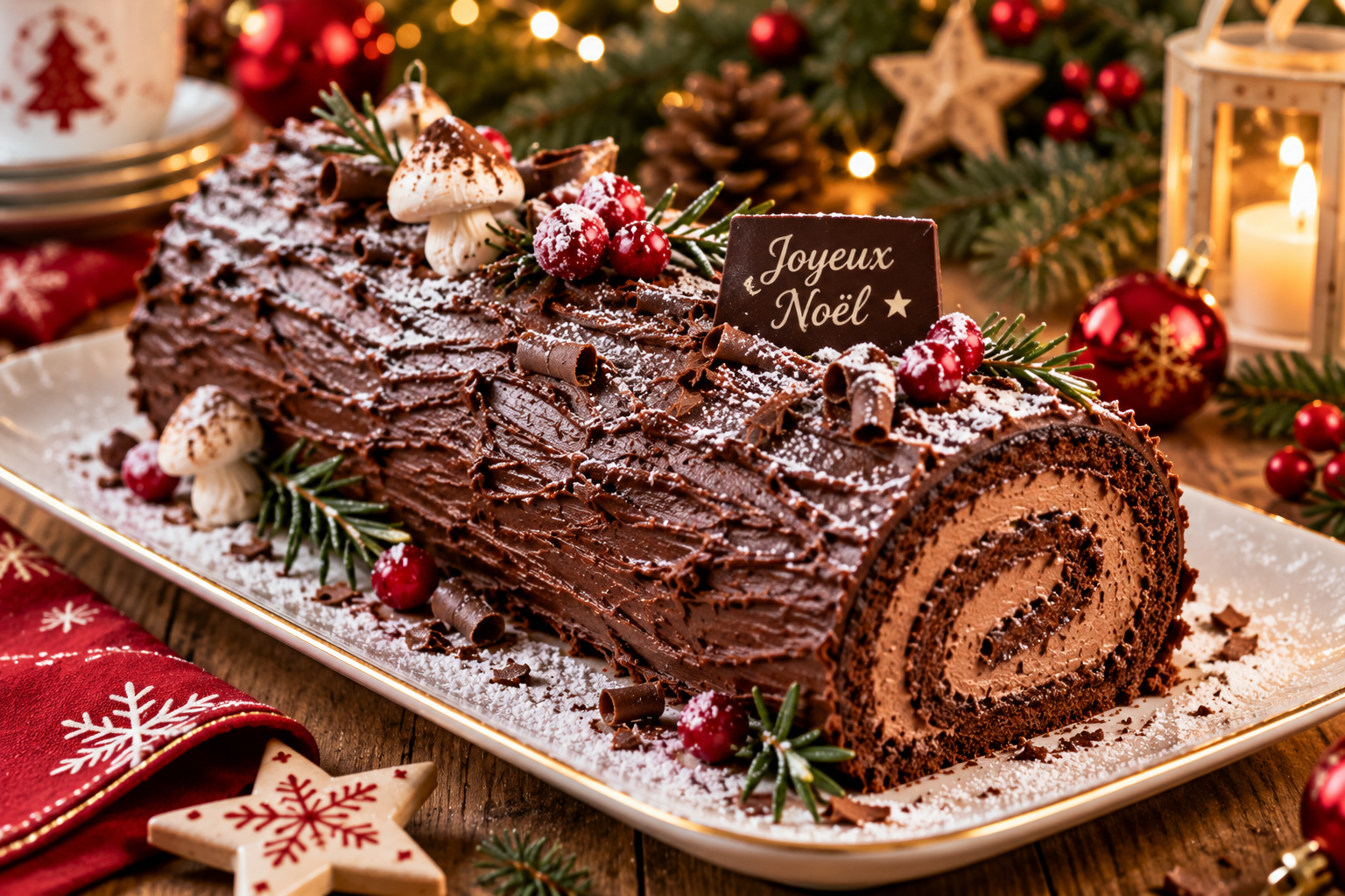 Bûche de Noël au chocolat maison décorée pour les fêtes