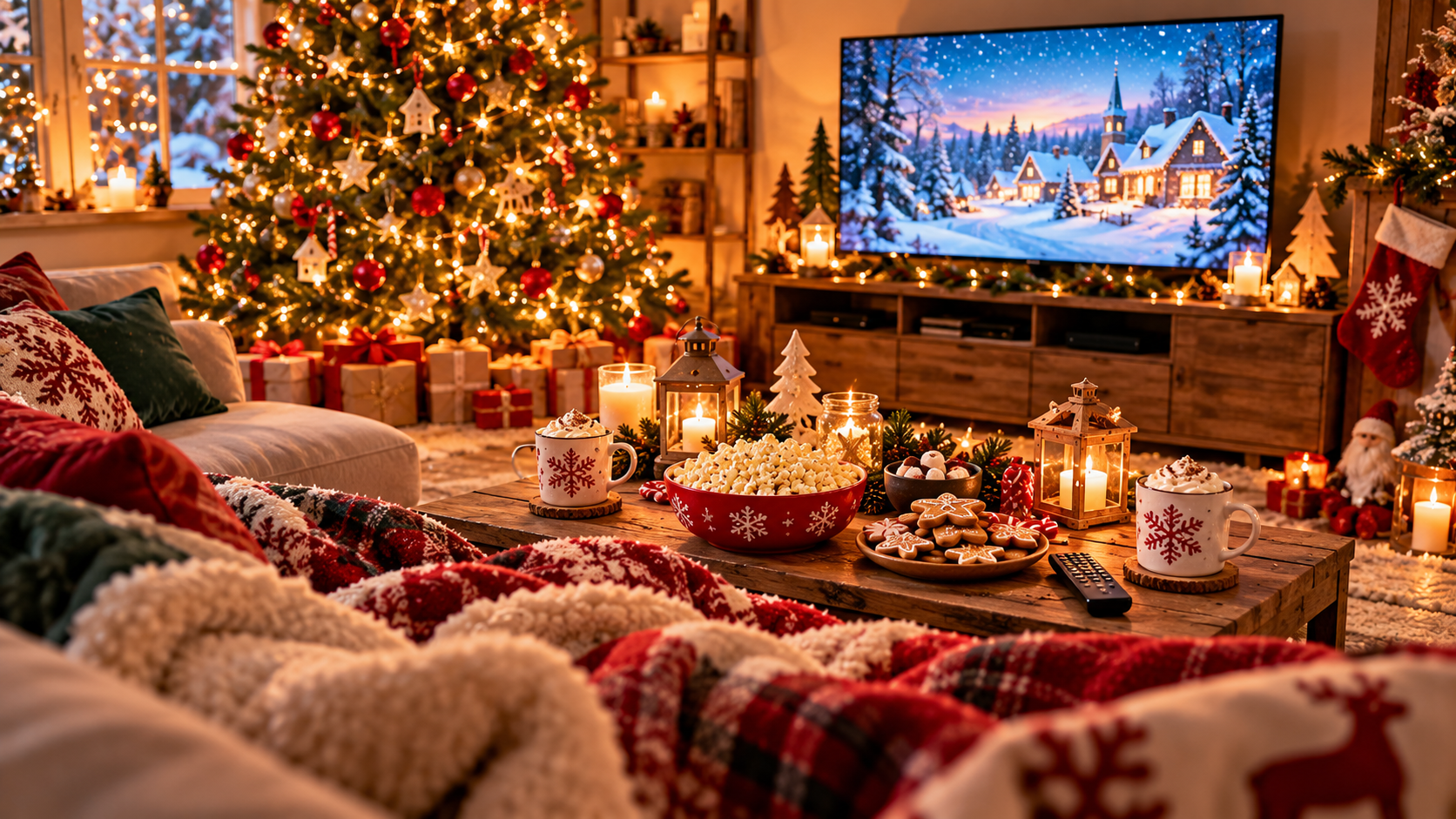 Soirée cinéma de Noël avec sapin, plaid et chocolat chaud