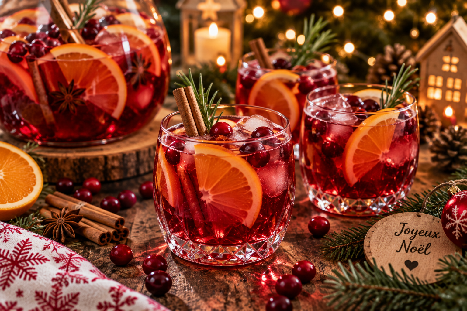 Verres de punch de Noël sans alcool décorés de cranberries et d'orange