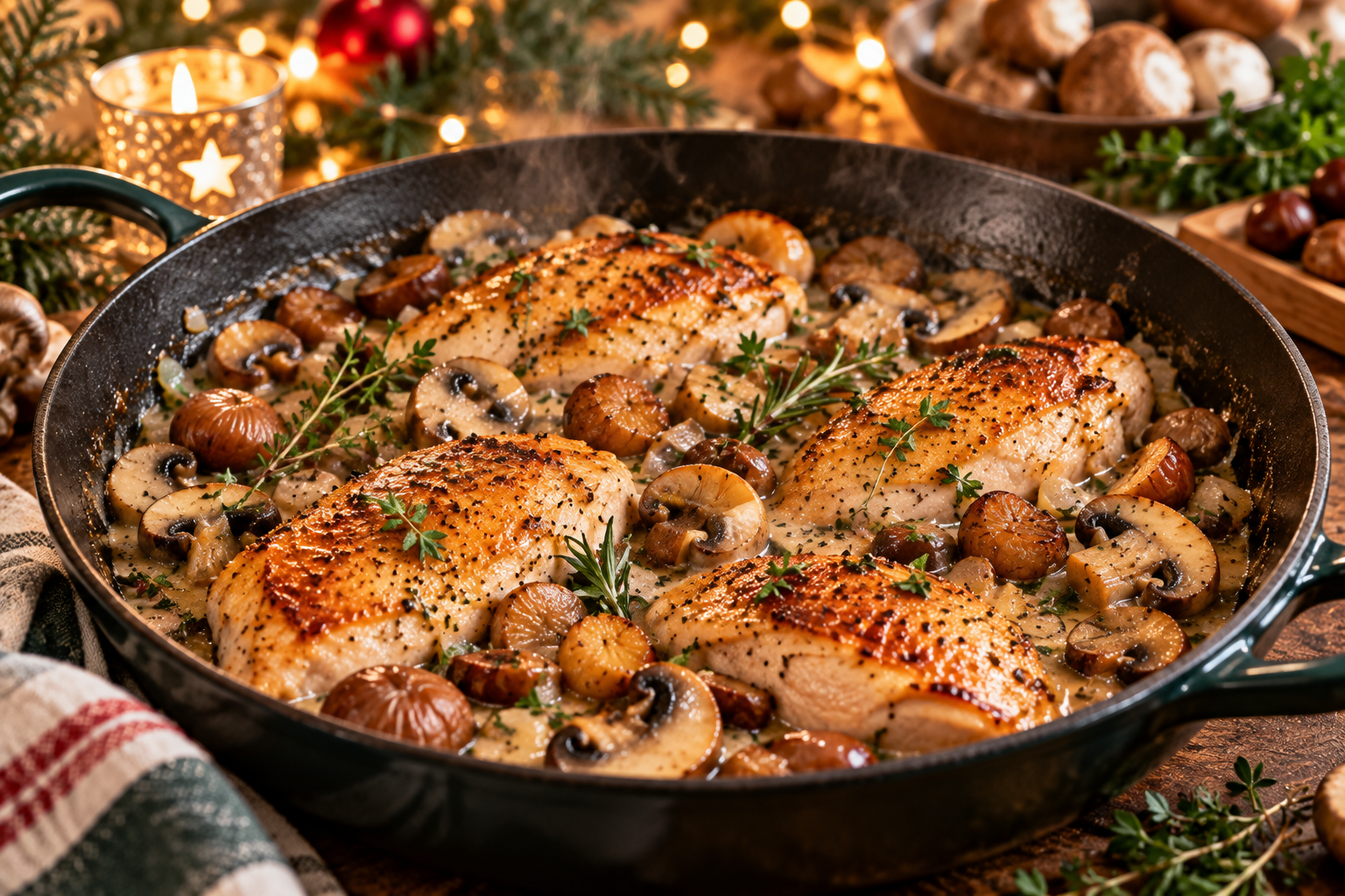 Cuisson de suprêmes de pintade dorés avec champignons