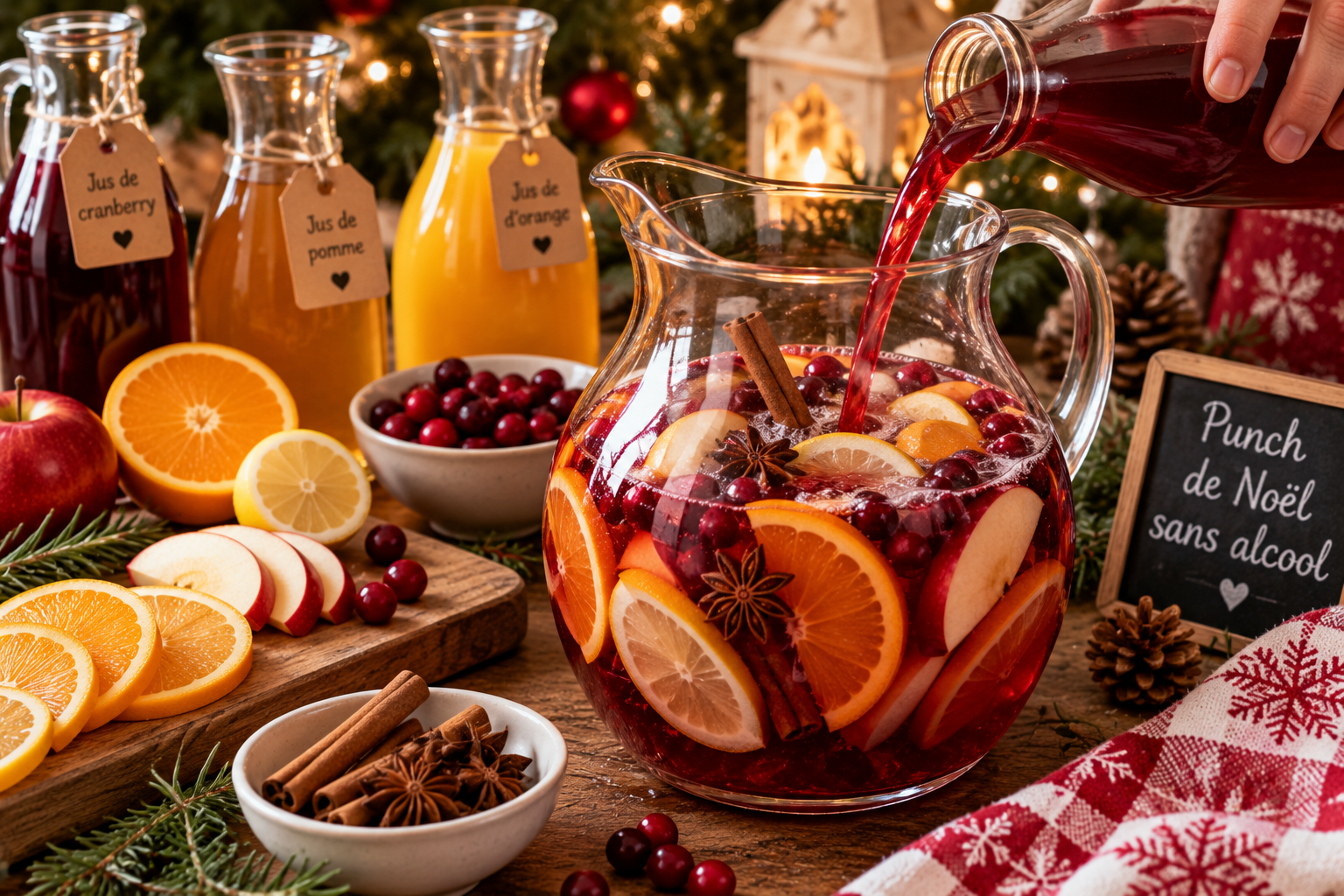 Préparation d'un punch de Noël sans alcool avec fruits et épices