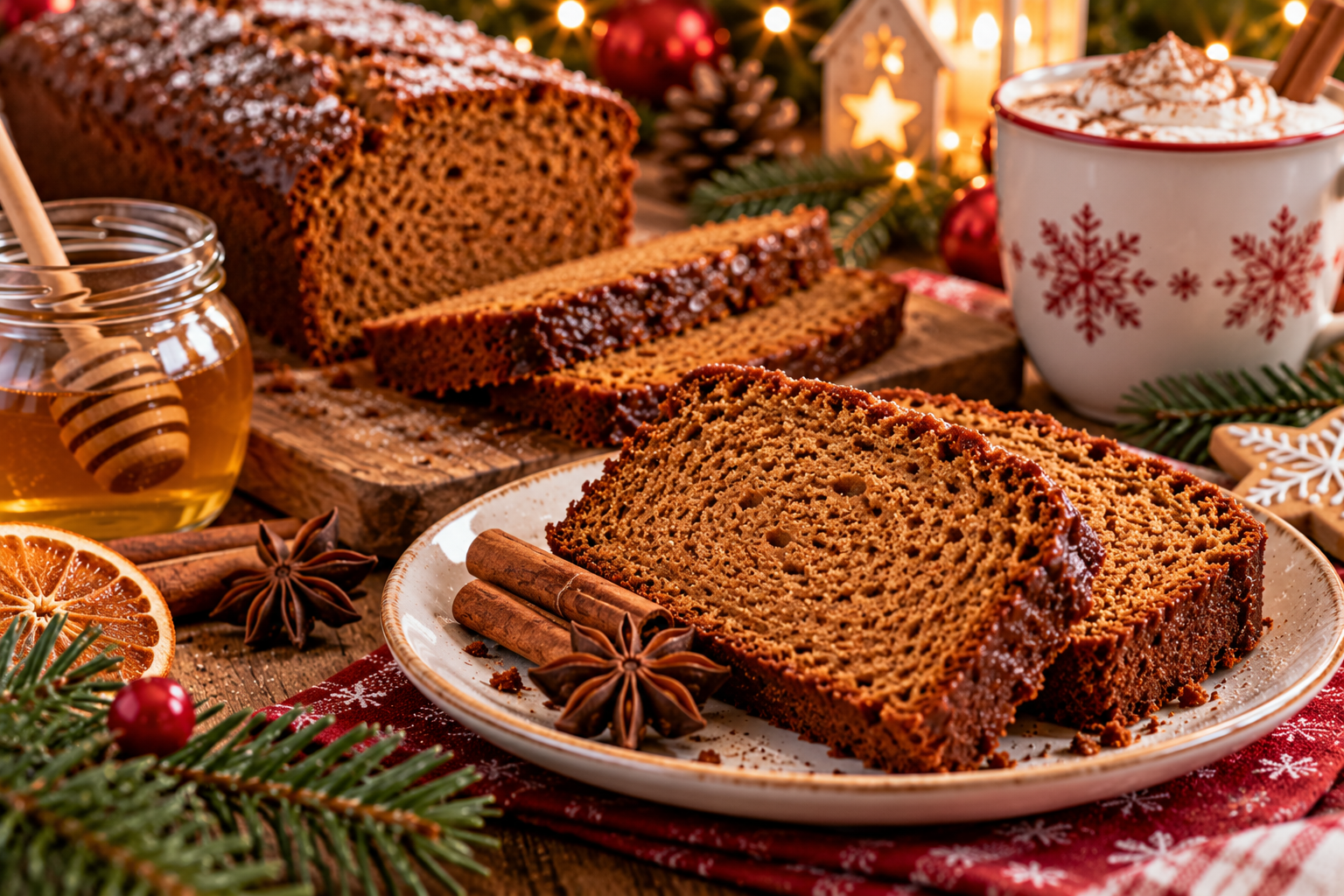 Tranches de pain d'épices de Noël servies avec une boisson chaude