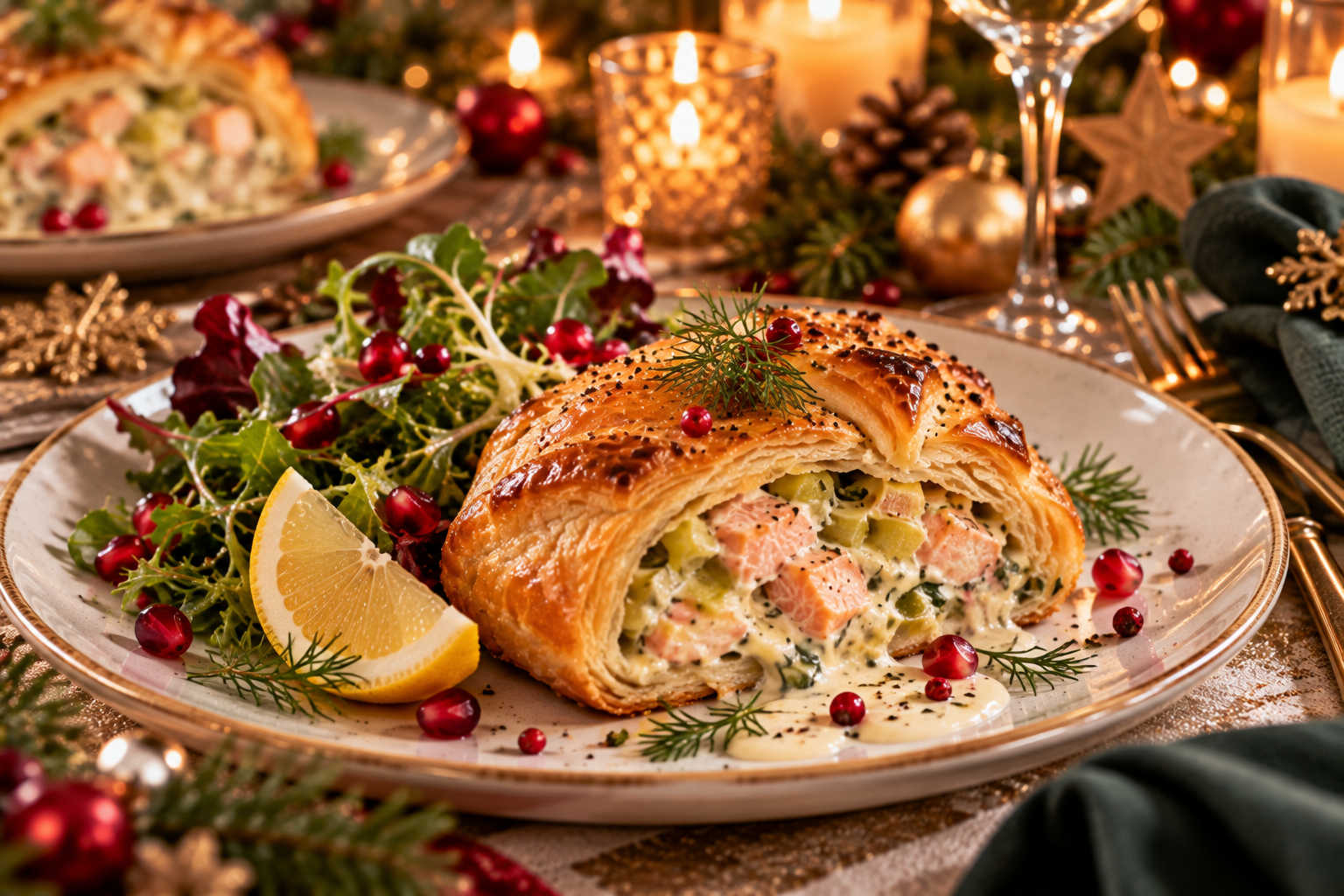 Feuilleté de saumon et poireaux présenté pour une entrée de Noël