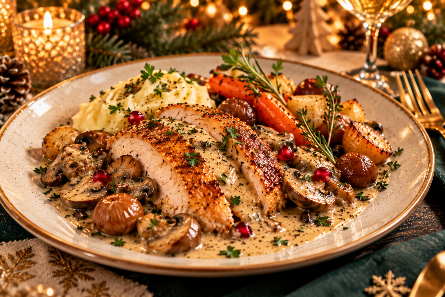 Assiette de Noël avec pintade, champignons, marrons et sauce crémeuse