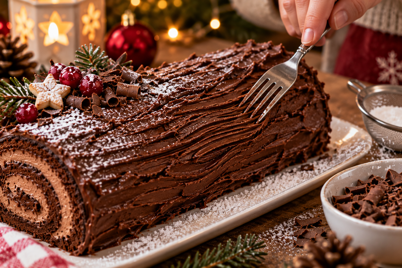 Décoration d'une bûche de Noël au chocolat avec une fourchette