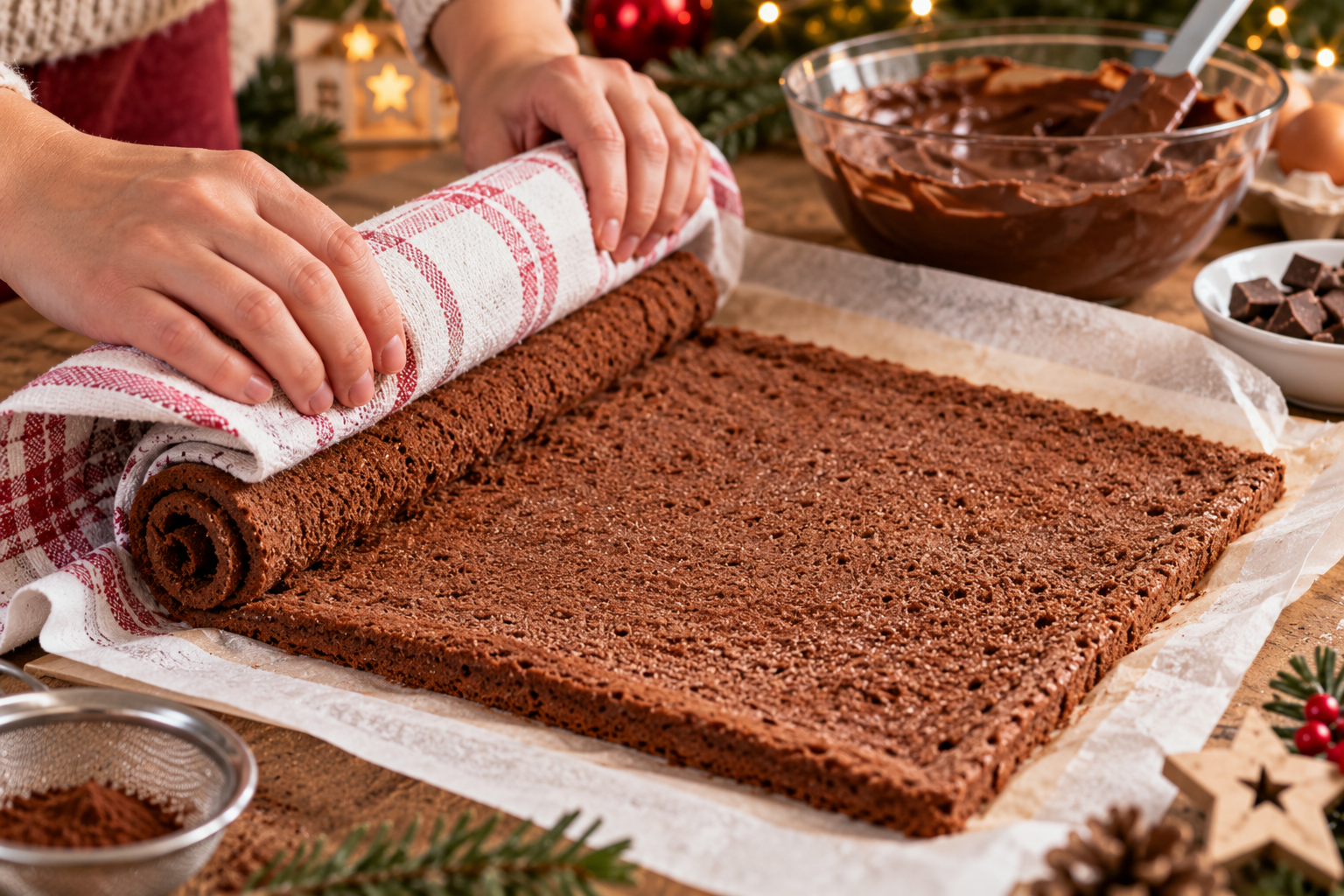 Préparation de la génoise roulée pour une bûche de Noël