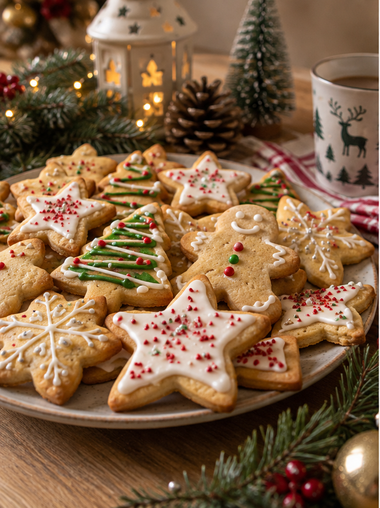 Sablés de Noël maison en forme d'étoiles, sapins et bonshommes